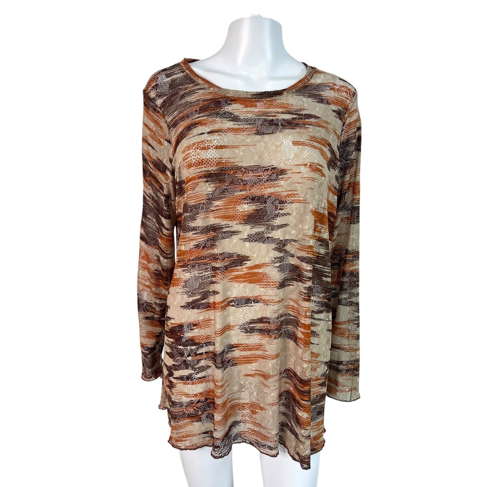 LOGO Layers by Lori Goldstein Top Brown Abstract Sheer Mesh Long Sleeve Size 1X